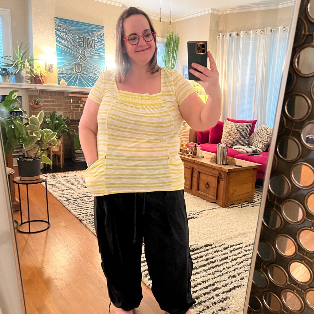 Anthropologie Meadow Rue Yellow Striped Blouse With Eyelet Insert In Xl